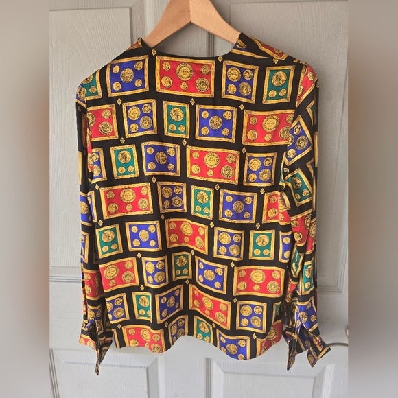 Talbots Vintage 100% Silk Blouse Sz 6 Roman Coins Francs Gold Buttons Boho Artsy - Picture 12 of 12